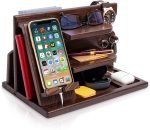 TESLYAR Wood Phone Docking Station Ash Key Holder Wallet Stand